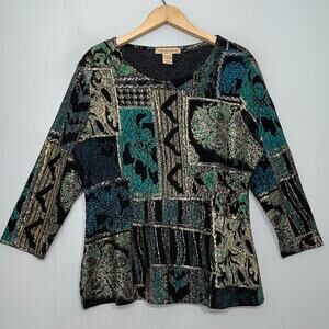Notations Size XL Stretch Knit Top Dark Whimsigoth Tribal Artsy Metallic Y2K